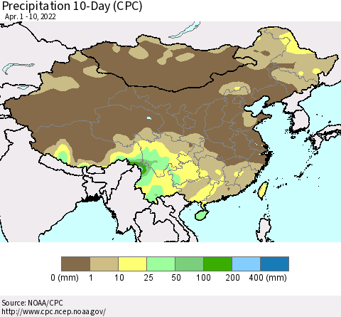 China, Mongolia and Taiwan Precipitation 10-Day (CPC) Thematic Map For 4/1/2022 - 4/10/2022