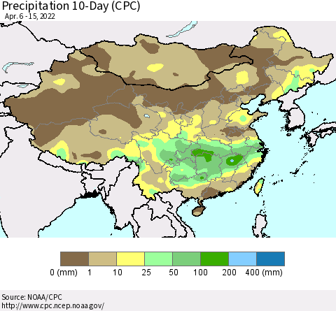China, Mongolia and Taiwan Precipitation 10-Day (CPC) Thematic Map For 4/6/2022 - 4/15/2022