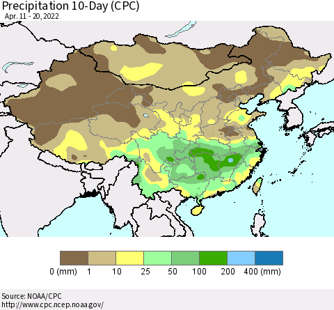 China, Mongolia and Taiwan Precipitation 10-Day (CPC) Thematic Map For 4/11/2022 - 4/20/2022