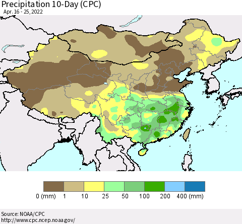 China, Mongolia and Taiwan Precipitation 10-Day (CPC) Thematic Map For 4/16/2022 - 4/25/2022