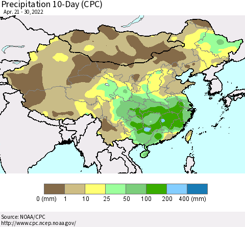China, Mongolia and Taiwan Precipitation 10-Day (CPC) Thematic Map For 4/21/2022 - 4/30/2022