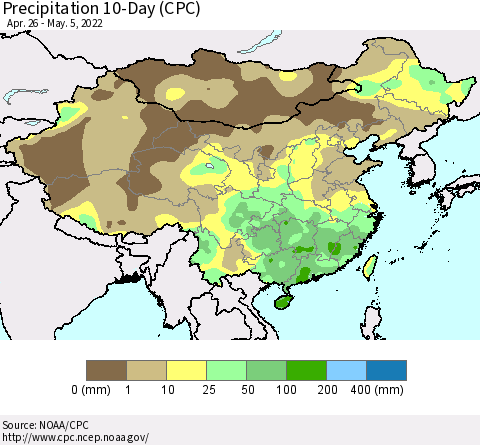 China, Mongolia and Taiwan Precipitation 10-Day (CPC) Thematic Map For 4/26/2022 - 5/5/2022