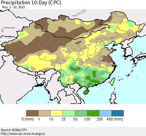 China, Mongolia and Taiwan Precipitation 10-Day (CPC) Thematic Map For 5/1/2022 - 5/10/2022