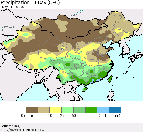 China, Mongolia and Taiwan Precipitation 10-Day (CPC) Thematic Map For 5/11/2022 - 5/20/2022