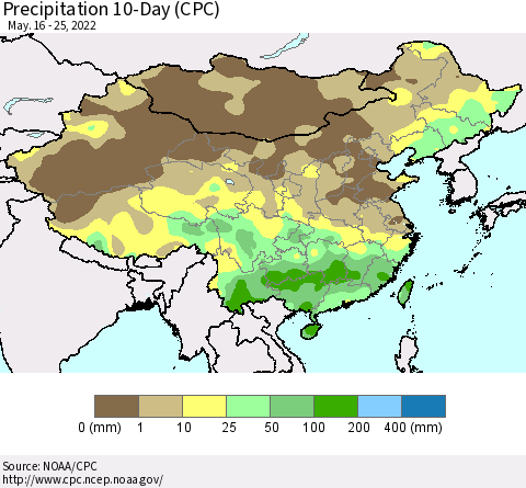 China, Mongolia and Taiwan Precipitation 10-Day (CPC) Thematic Map For 5/16/2022 - 5/25/2022