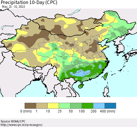 China, Mongolia and Taiwan Precipitation 10-Day (CPC) Thematic Map For 5/21/2022 - 5/31/2022