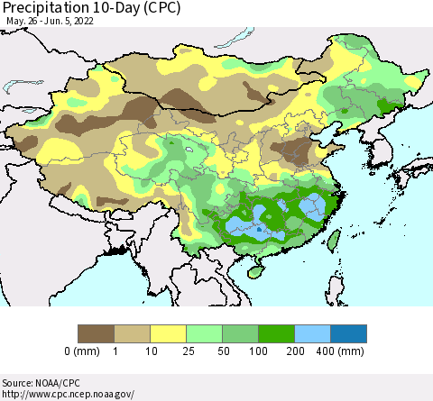China, Mongolia and Taiwan Precipitation 10-Day (CPC) Thematic Map For 5/26/2022 - 6/5/2022
