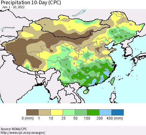 China, Mongolia and Taiwan Precipitation 10-Day (CPC) Thematic Map For 6/1/2022 - 6/10/2022