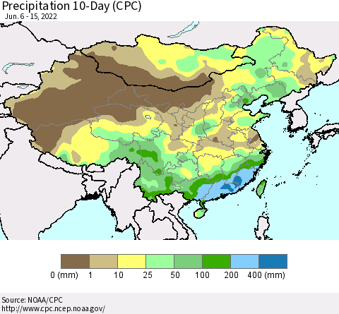 China, Mongolia and Taiwan Precipitation 10-Day (CPC) Thematic Map For 6/6/2022 - 6/15/2022