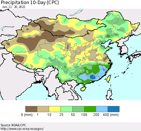 China, Mongolia and Taiwan Precipitation 10-Day (CPC) Thematic Map For 6/11/2022 - 6/20/2022