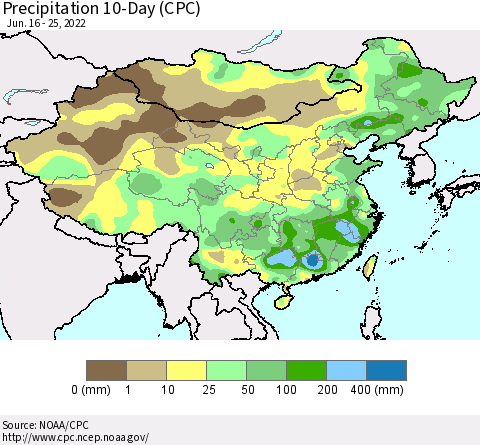 China, Mongolia and Taiwan Precipitation 10-Day (CPC) Thematic Map For 6/16/2022 - 6/25/2022