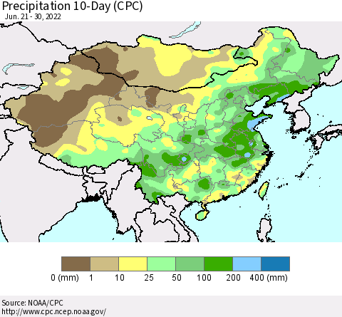 China, Mongolia and Taiwan Precipitation 10-Day (CPC) Thematic Map For 6/21/2022 - 6/30/2022