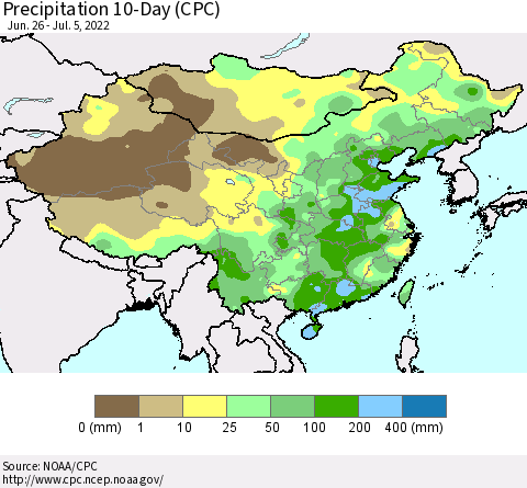 China, Mongolia and Taiwan Precipitation 10-Day (CPC) Thematic Map For 6/26/2022 - 7/5/2022