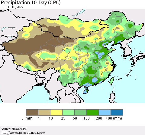 China, Mongolia and Taiwan Precipitation 10-Day (CPC) Thematic Map For 7/1/2022 - 7/10/2022