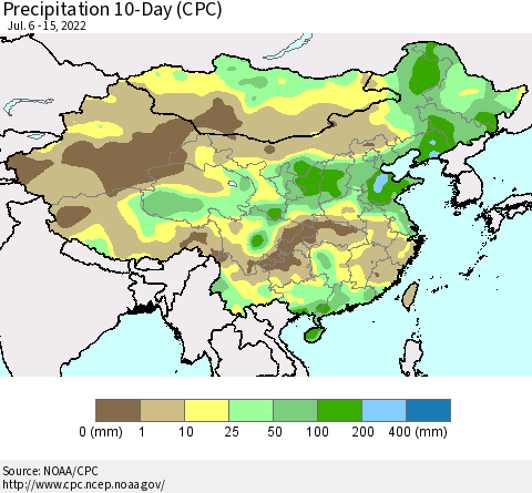 China, Mongolia and Taiwan Precipitation 10-Day (CPC) Thematic Map For 7/6/2022 - 7/15/2022