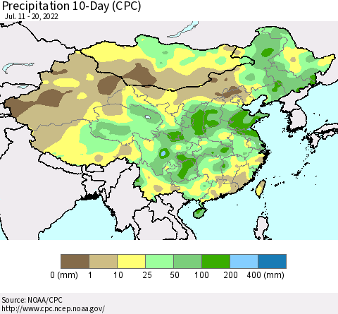 China, Mongolia and Taiwan Precipitation 10-Day (CPC) Thematic Map For 7/11/2022 - 7/20/2022