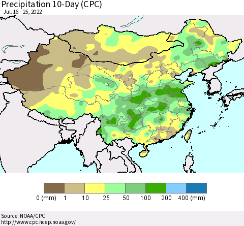 China, Mongolia and Taiwan Precipitation 10-Day (CPC) Thematic Map For 7/16/2022 - 7/25/2022