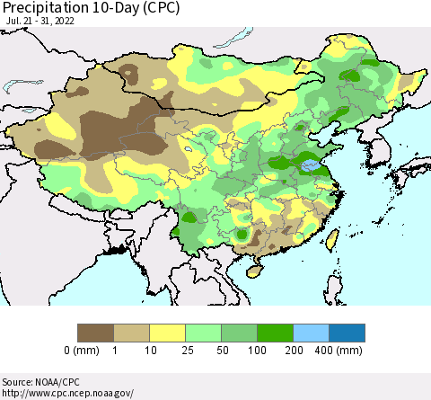 China, Mongolia and Taiwan Precipitation 10-Day (CPC) Thematic Map For 7/21/2022 - 7/31/2022