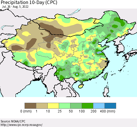 China, Mongolia and Taiwan Precipitation 10-Day (CPC) Thematic Map For 7/26/2022 - 8/5/2022