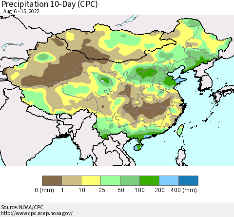 China, Mongolia and Taiwan Precipitation 10-Day (CPC) Thematic Map For 8/6/2022 - 8/15/2022