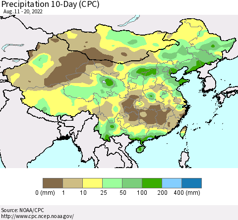 China, Mongolia and Taiwan Precipitation 10-Day (CPC) Thematic Map For 8/11/2022 - 8/20/2022