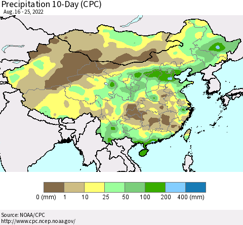 China, Mongolia and Taiwan Precipitation 10-Day (CPC) Thematic Map For 8/16/2022 - 8/25/2022