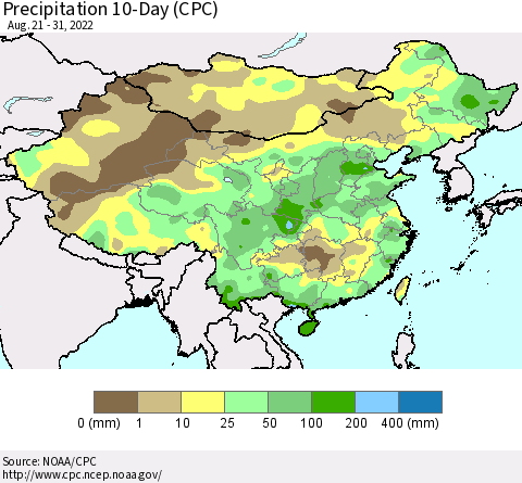 China, Mongolia and Taiwan Precipitation 10-Day (CPC) Thematic Map For 8/21/2022 - 8/31/2022