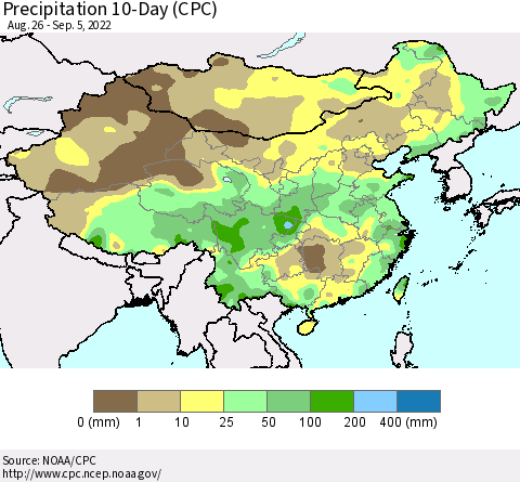 China, Mongolia and Taiwan Precipitation 10-Day (CPC) Thematic Map For 8/26/2022 - 9/5/2022