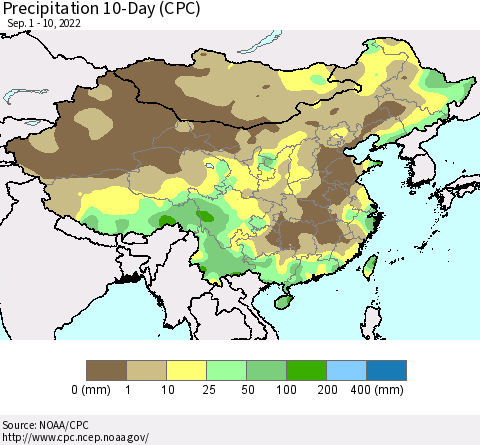 China, Mongolia and Taiwan Precipitation 10-Day (CPC) Thematic Map For 9/1/2022 - 9/10/2022