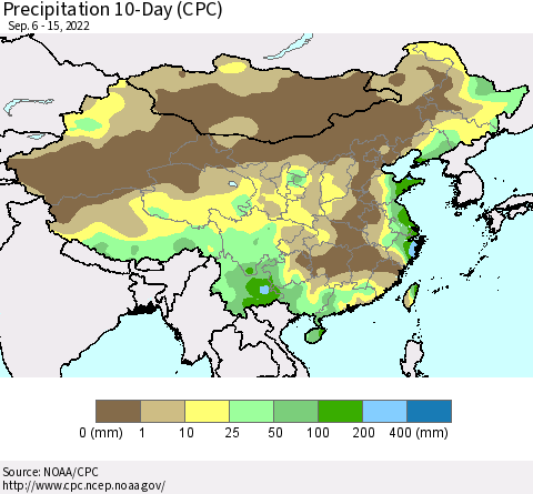 China, Mongolia and Taiwan Precipitation 10-Day (CPC) Thematic Map For 9/6/2022 - 9/15/2022