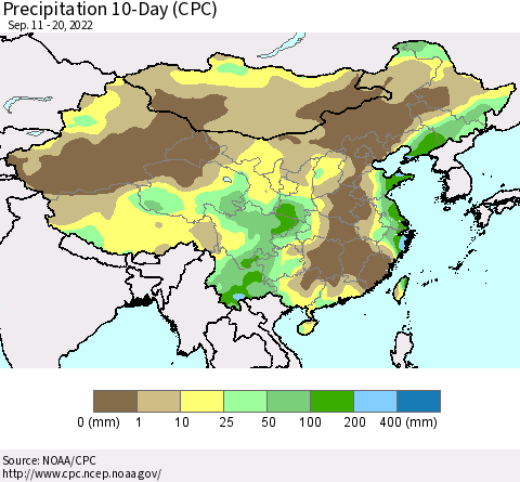 China, Mongolia and Taiwan Precipitation 10-Day (CPC) Thematic Map For 9/11/2022 - 9/20/2022