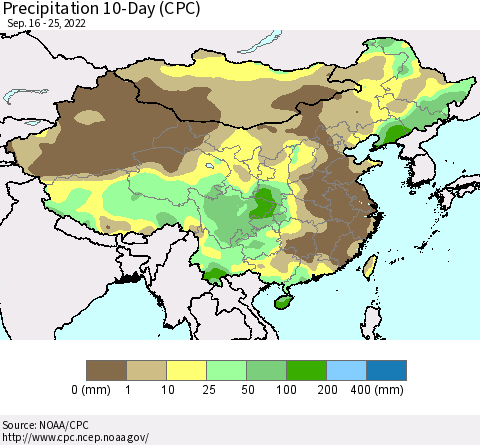 China, Mongolia and Taiwan Precipitation 10-Day (CPC) Thematic Map For 9/16/2022 - 9/25/2022