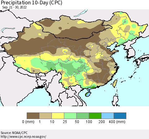 China, Mongolia and Taiwan Precipitation 10-Day (CPC) Thematic Map For 9/21/2022 - 9/30/2022