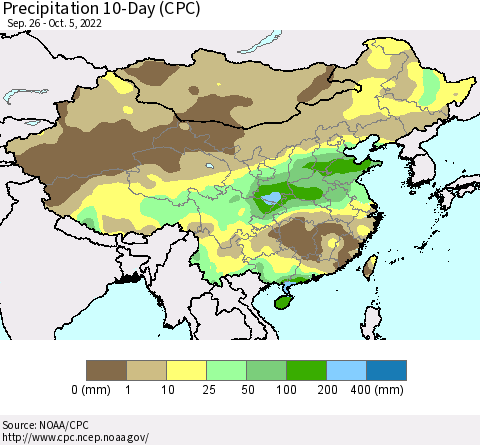 China, Mongolia and Taiwan Precipitation 10-Day (CPC) Thematic Map For 9/26/2022 - 10/5/2022