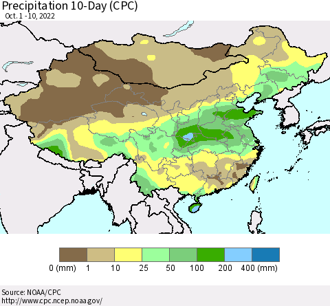 China, Mongolia and Taiwan Precipitation 10-Day (CPC) Thematic Map For 10/1/2022 - 10/10/2022