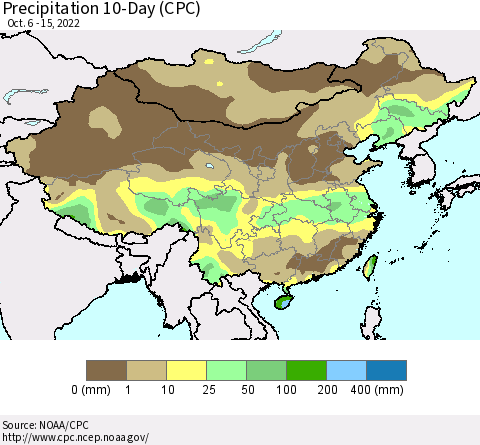 China, Mongolia and Taiwan Precipitation 10-Day (CPC) Thematic Map For 10/6/2022 - 10/15/2022