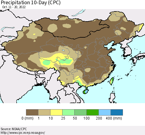 China, Mongolia and Taiwan Precipitation 10-Day (CPC) Thematic Map For 10/11/2022 - 10/20/2022