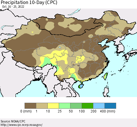China, Mongolia and Taiwan Precipitation 10-Day (CPC) Thematic Map For 10/16/2022 - 10/25/2022