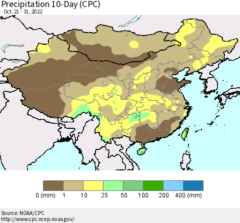China, Mongolia and Taiwan Precipitation 10-Day (CPC) Thematic Map For 10/21/2022 - 10/31/2022