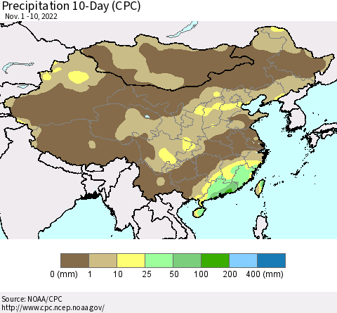China, Mongolia and Taiwan Precipitation 10-Day (CPC) Thematic Map For 11/1/2022 - 11/10/2022