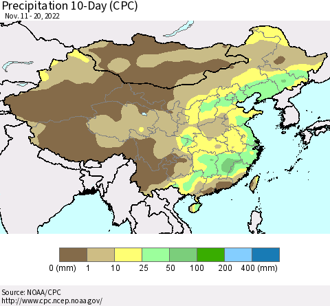 China, Mongolia and Taiwan Precipitation 10-Day (CPC) Thematic Map For 11/11/2022 - 11/20/2022