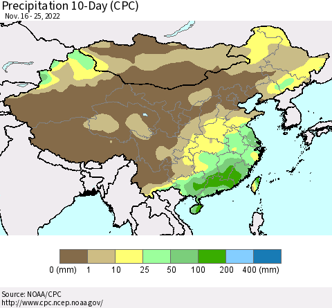 China, Mongolia and Taiwan Precipitation 10-Day (CPC) Thematic Map For 11/16/2022 - 11/25/2022