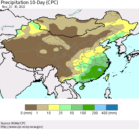 China, Mongolia and Taiwan Precipitation 10-Day (CPC) Thematic Map For 11/21/2022 - 11/30/2022