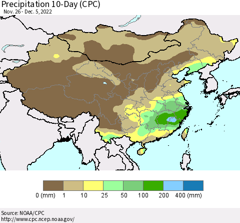China, Mongolia and Taiwan Precipitation 10-Day (CPC) Thematic Map For 11/26/2022 - 12/5/2022