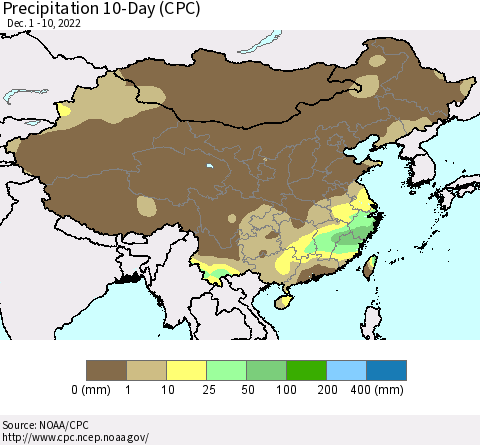 China, Mongolia and Taiwan Precipitation 10-Day (CPC) Thematic Map For 12/1/2022 - 12/10/2022