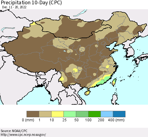 China, Mongolia and Taiwan Precipitation 10-Day (CPC) Thematic Map For 12/11/2022 - 12/20/2022