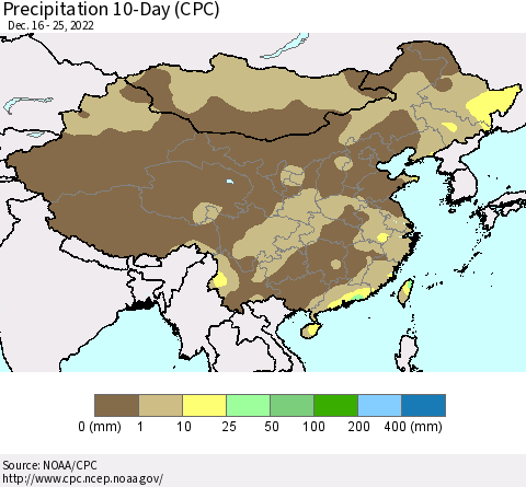 China, Mongolia and Taiwan Precipitation 10-Day (CPC) Thematic Map For 12/16/2022 - 12/25/2022