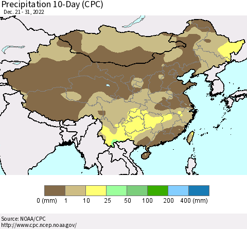 China, Mongolia and Taiwan Precipitation 10-Day (CPC) Thematic Map For 12/21/2022 - 12/31/2022