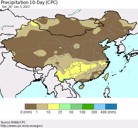 China, Mongolia and Taiwan Precipitation 10-Day (CPC) Thematic Map For 12/26/2022 - 1/5/2023