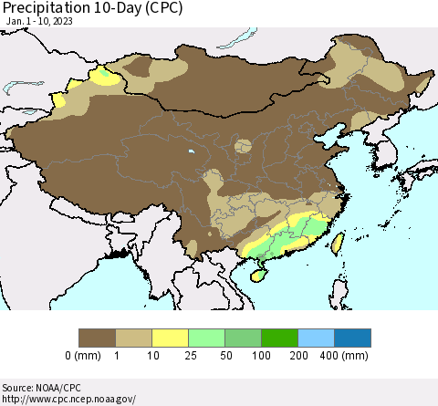 China, Mongolia and Taiwan Precipitation 10-Day (CPC) Thematic Map For 1/1/2023 - 1/10/2023